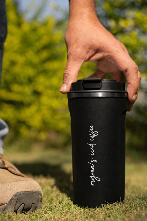 Black smart thermal mug with lid, personalized script on front
