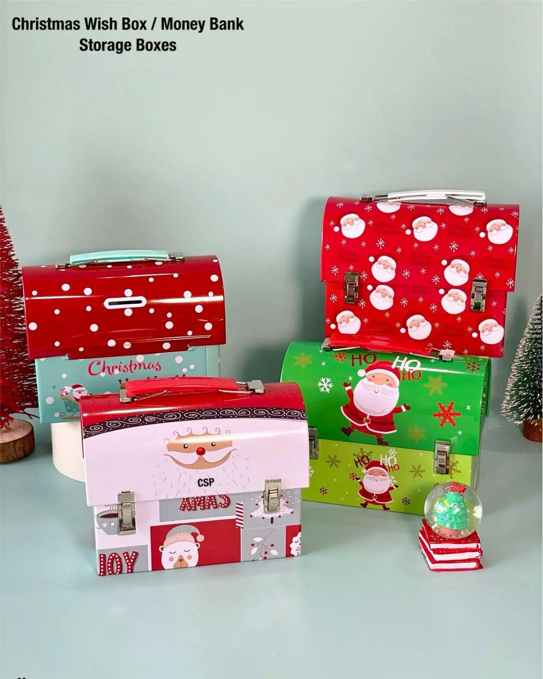 Christmas money bank metal storage tins set, red/green/red designs, CSP keepsake boxes