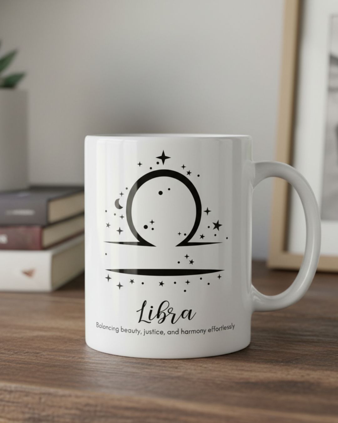 White horoscope mug with Libra zodiac design and caption 'Balancing beauty, justice, and harmony effortlessly'