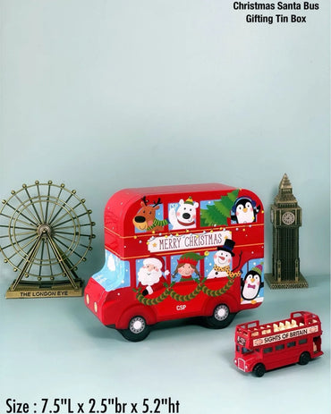 Red Santa bus car-shaped metal tin box with Merry Christmas artwork