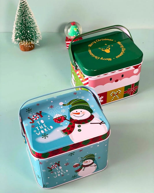 Merry Carry Box tin gift box with handle, green lid with reindeer graphic