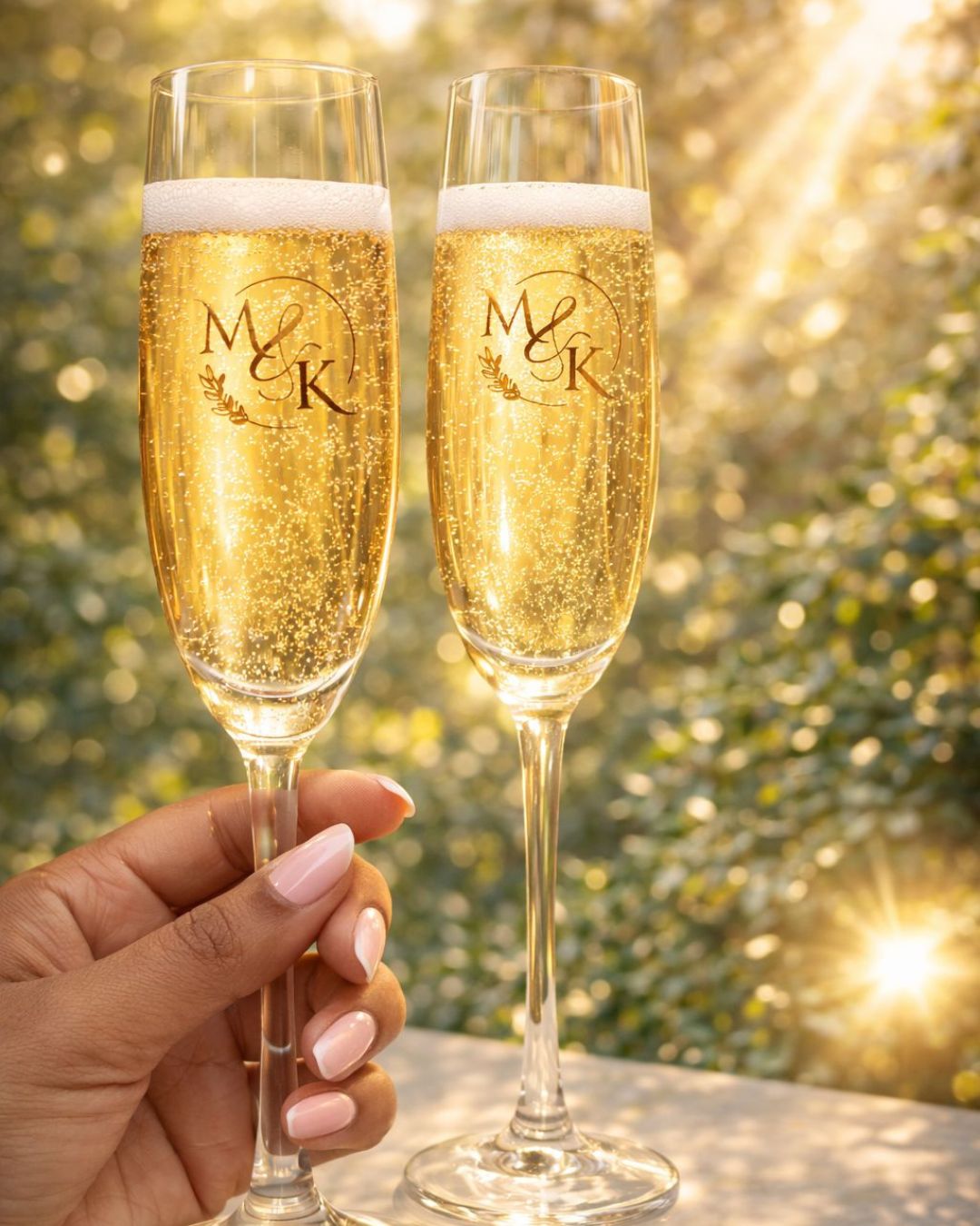 Hand holding gold-engraved monogram flute champagne glass, set of 2