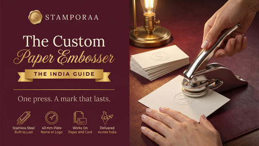 Hands pressing a stainless steel custom paper embosser onto cream cotton paper, leaving a raised circular seal