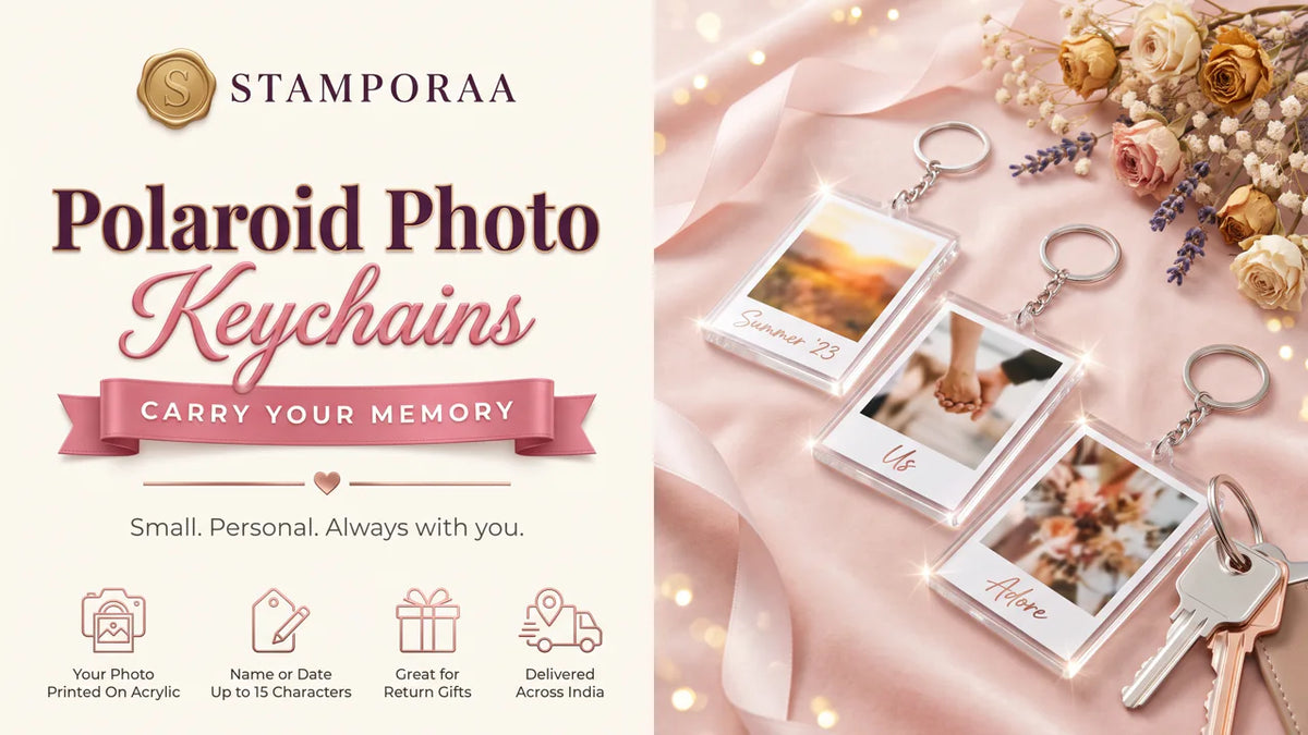 Three custom acrylic polaroid photo keychains with printed photos and captions beside a set of keys, personalised photo keyrings from Stamporaa India