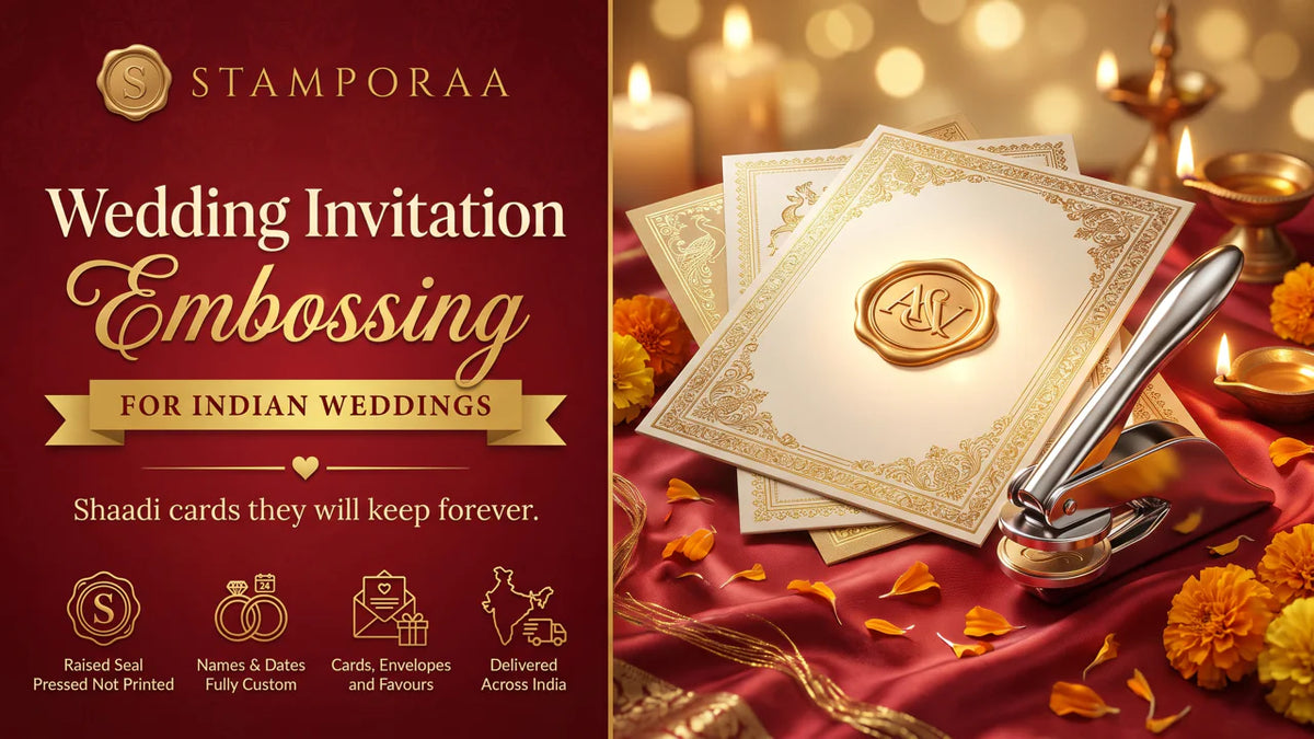 Cream and gold Indian wedding invitation cards with an embossed seal on red silk with marigolds and a brass diya