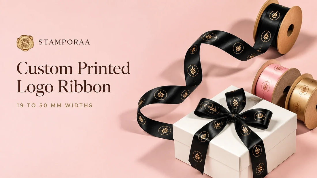 Custom printed logo satin ribbon tied on a white gift box