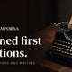 Typewriter and a signed title page with a raised embossed seal, headline Signed first editions