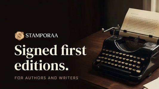 Typewriter and a signed title page with a raised embossed seal, headline Signed first editions