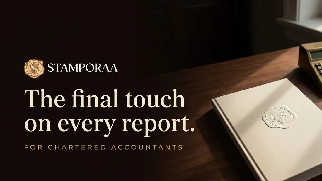 Bound financial report with a raised embossed seal beside a calculator and ledger, headline The final touch on every report
