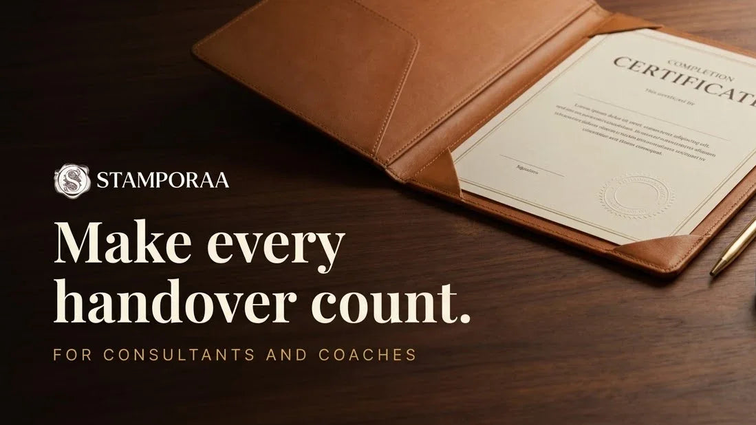 Leather portfolio holding a completion certificate with a raised embossed seal, headline Make every handover count