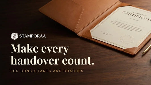 Leather portfolio holding a completion certificate with a raised embossed seal, headline Make every handover count