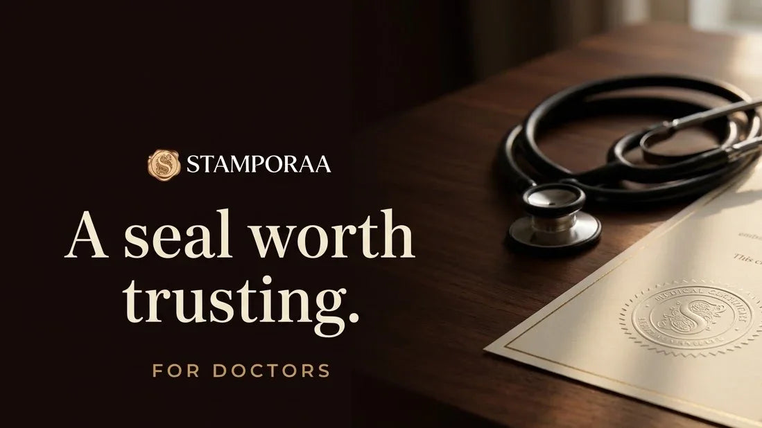 Stethoscope and pen beside a medical certificate with a raised embossed seal, headline A seal worth trusting