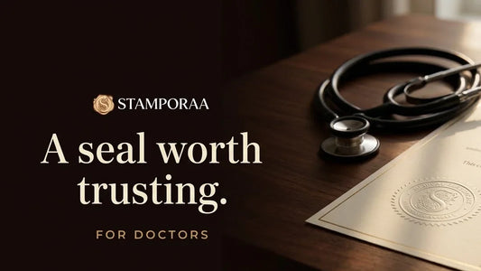 Stethoscope and pen beside a medical certificate with a raised embossed seal, headline A seal worth trusting