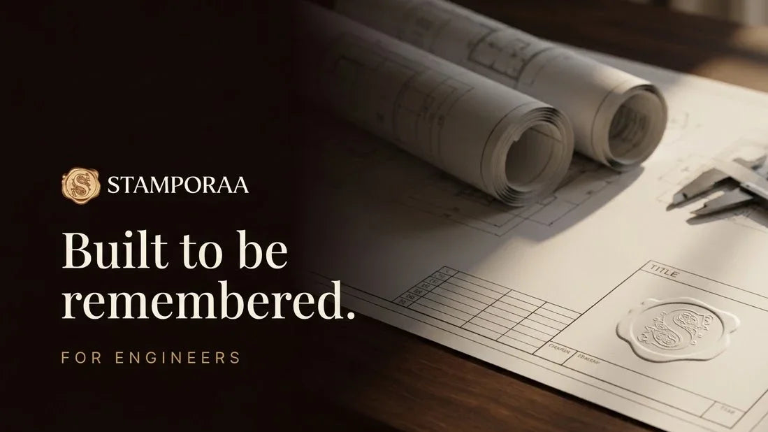 Blueprints and calipers on a drawing sheet with a raised embossed seal in the title block, headline Built to be remembered