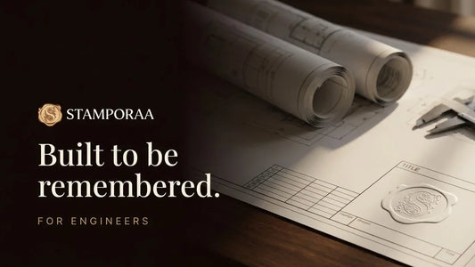 Blueprints and calipers on a drawing sheet with a raised embossed seal in the title block, headline Built to be remembered