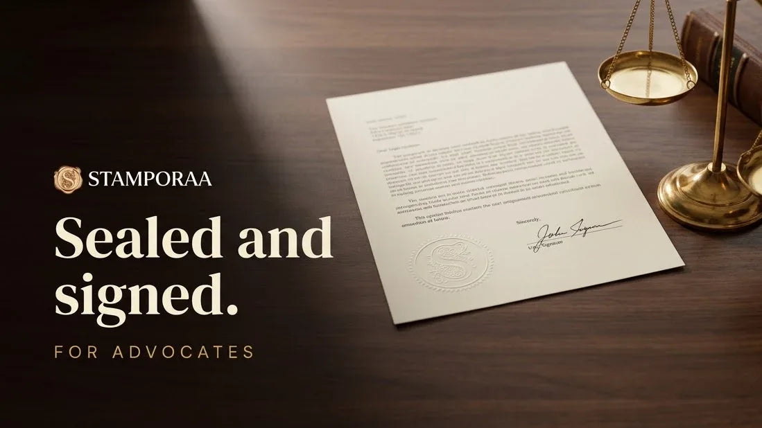 Brass scales and a legal opinion letter with a raised embossed seal and signature, headline Sealed and signed