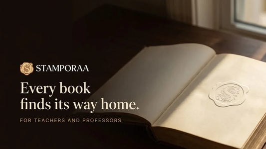 Open book with a raised embossed library seal on the page and a red pencil, headline Every book finds its way home