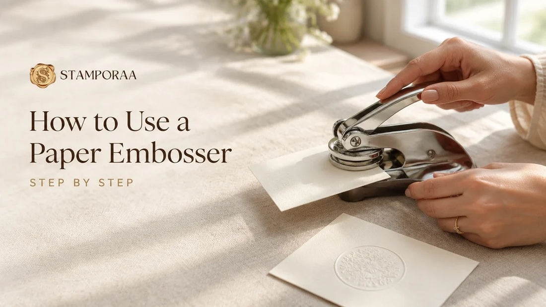 Hands sliding card into a paper embosser, how to use a paper embosser