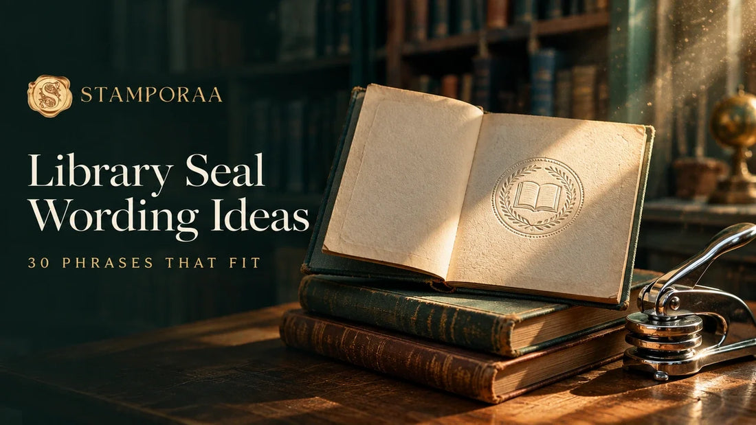 Library seal embossed on a book endpaper beside a book embosser