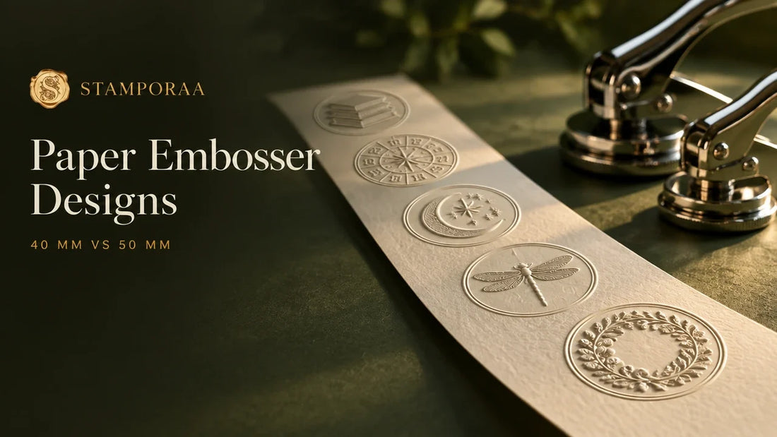 Paper embosser designs: floral, dragonfly, moon, zodiac and book seals