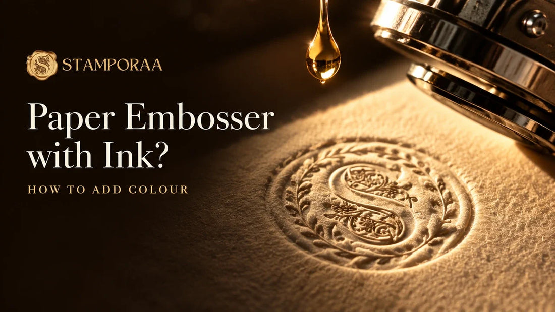 Paper embosser with ink: gold ink drop above a blind embossed seal