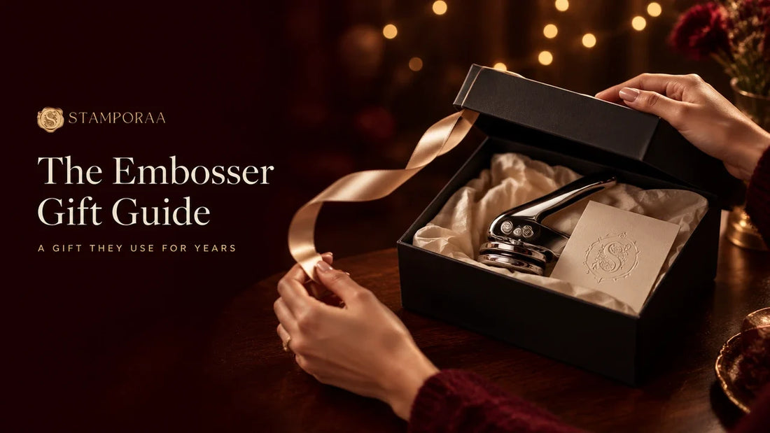 Personalised paper embosser in a black gift box with satin ribbon