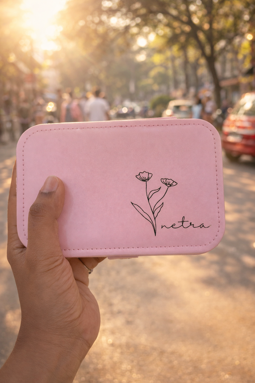 Pink personalized jewelry box with flower outline and name 'netra'