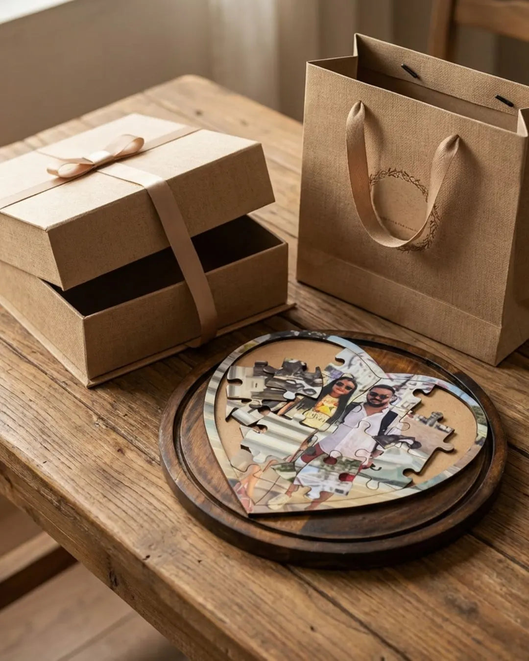 Personalized heart-shaped wooden photo puzzle on a tray, with two gift boxes