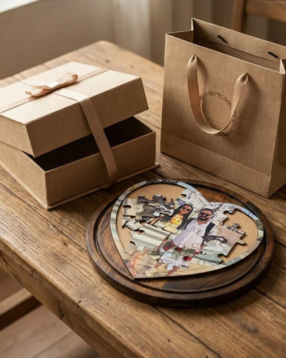 Personalized heart-shaped wooden photo puzzle on a tray, with two gift boxes