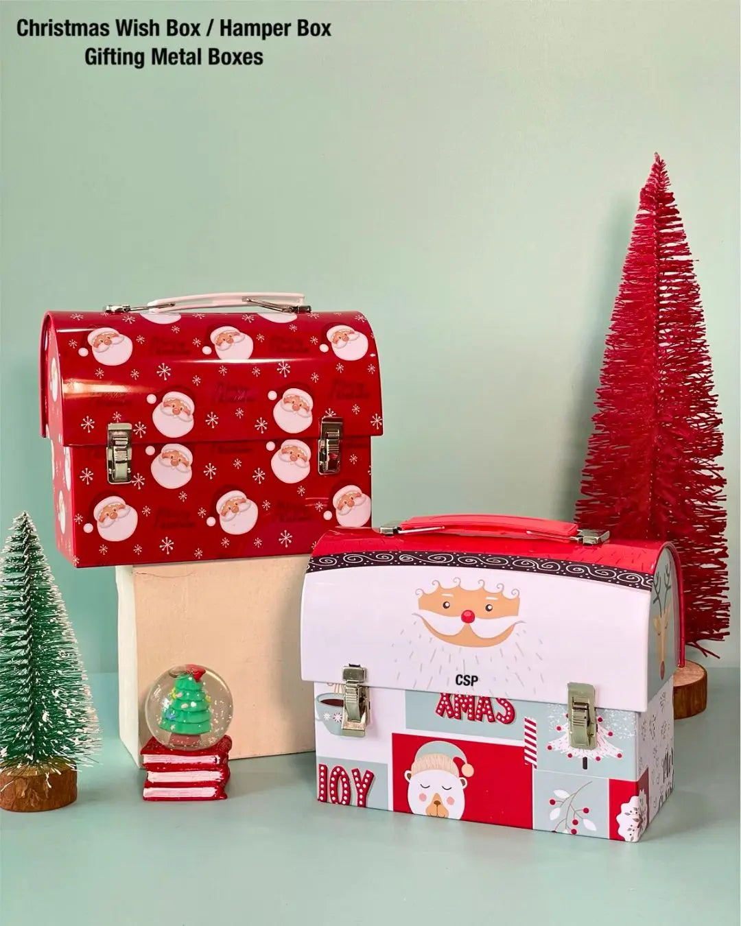 Christmas treasure box metal keepsake tin, red/white Santa pattern, Xmas Savings Bank style