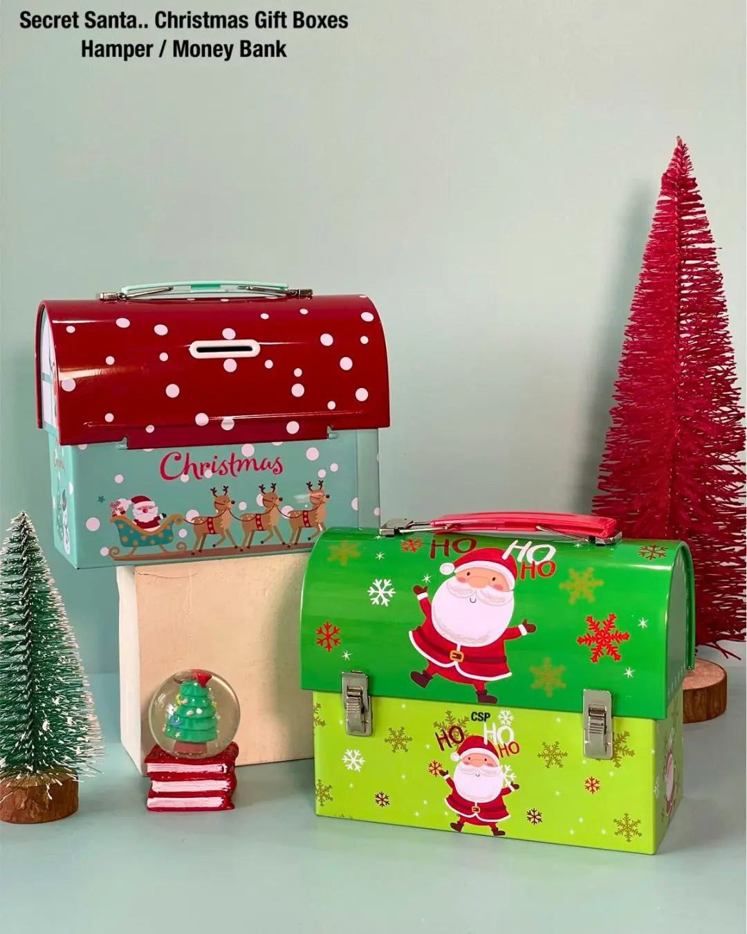 Christmas gift box metal tin with reindeer and Santa print, green/white, Santa’s Surprise Gift Box