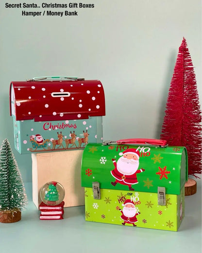 Christmas gift box metal tin with reindeer and Santa print, green/white, Santa’s Surprise Gift Box