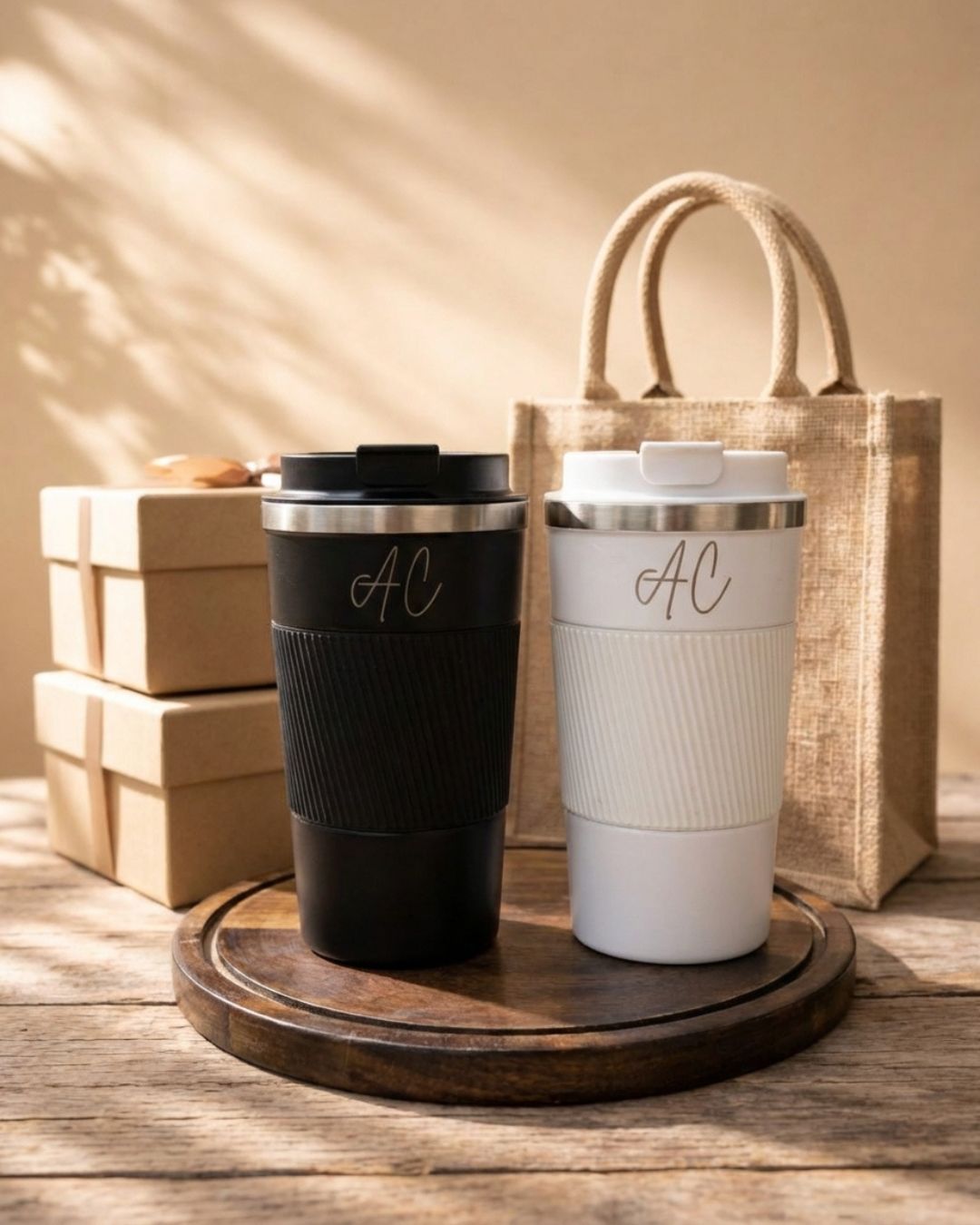 Black personalized travel mug with AC logo, easy-hold lid and textured grip sleeve
