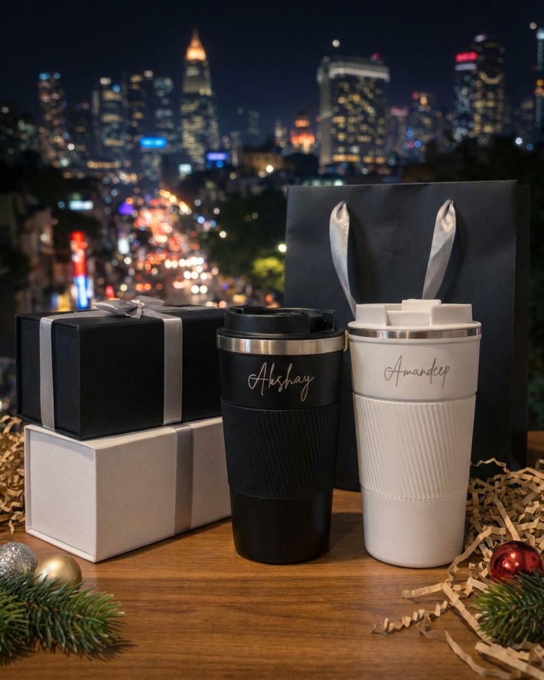 Personalized travel mugs set: black and white, easy-hold lids with AC names