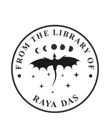 Library seal stamp design with dragonfly and crescent moons, black on white