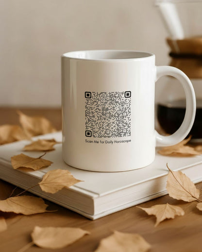 White horoscope mug with QR code and text 'Scan Me for Daily Horoscope'