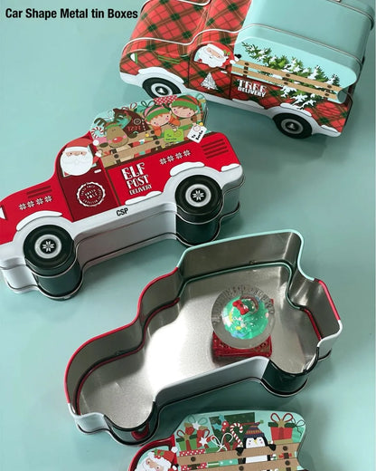 Car-shaped metal tin box set: Elf Post truck lid and open tin base with globe