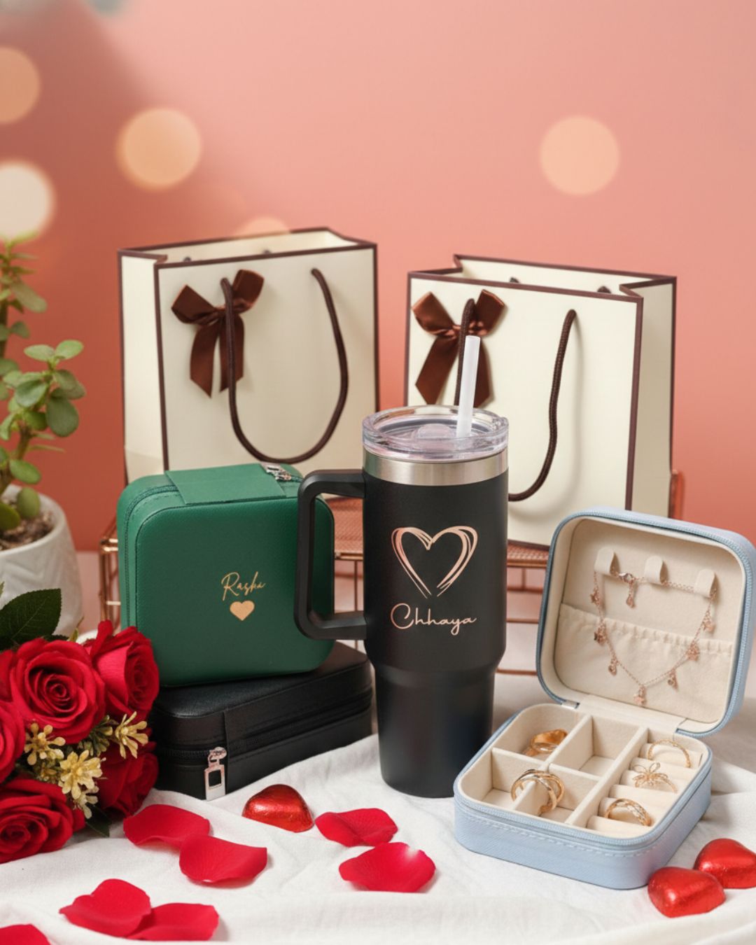 Heartbound Heritage bespoke gift set with green pouch, tumbler and open jewelry box
