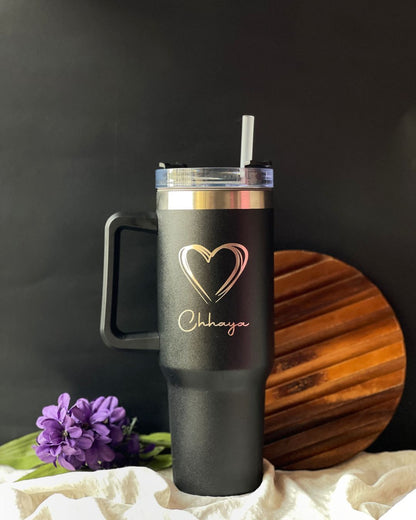 Matte dark tumbler with heart logo and straw, gift set drink cup