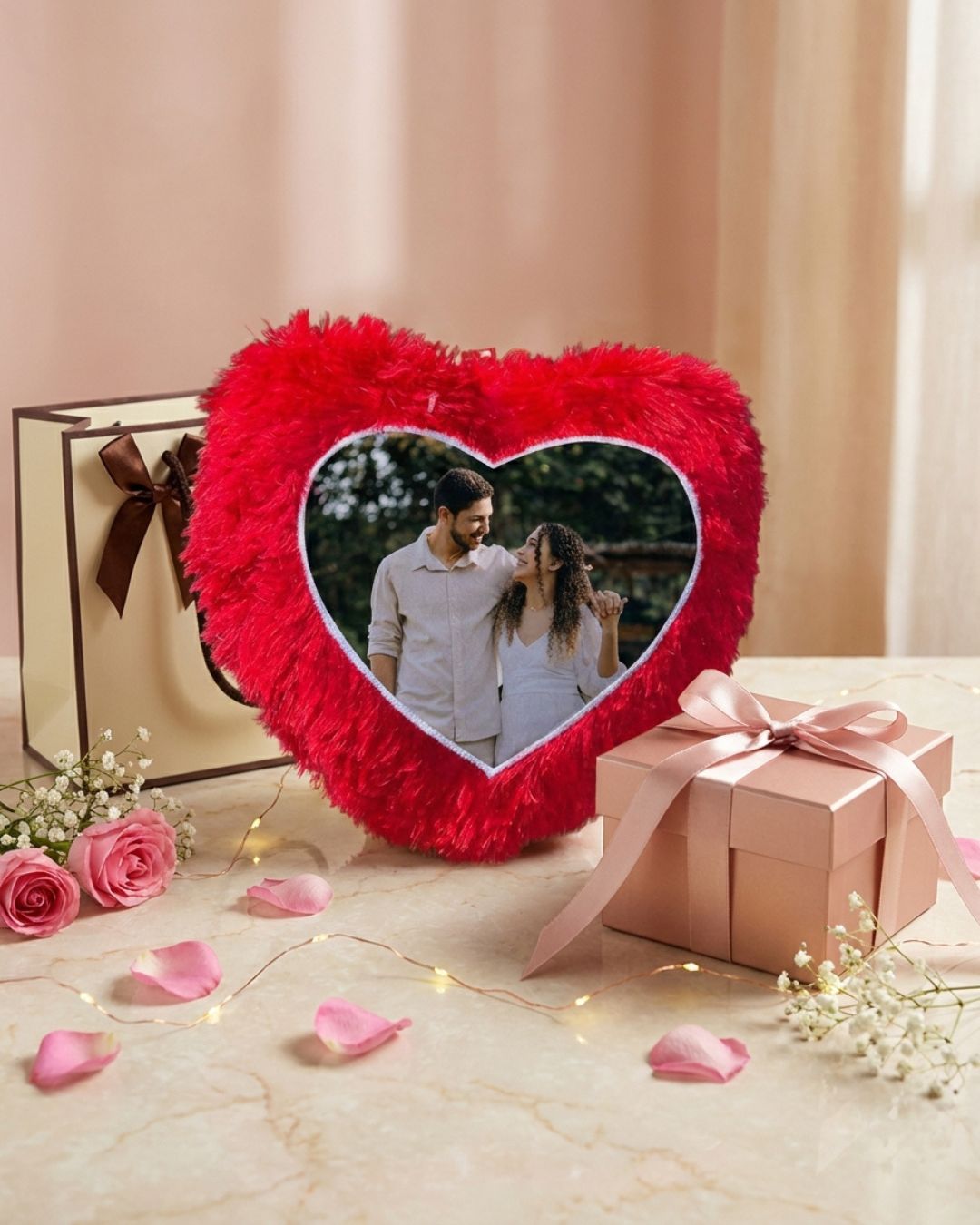 Red heart photo cushion with plush textured front