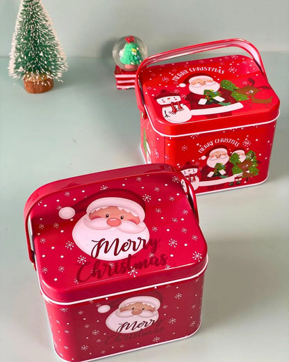 Merry Carry Box tin gift box with handle, red lid with Santa and snowflake pattern