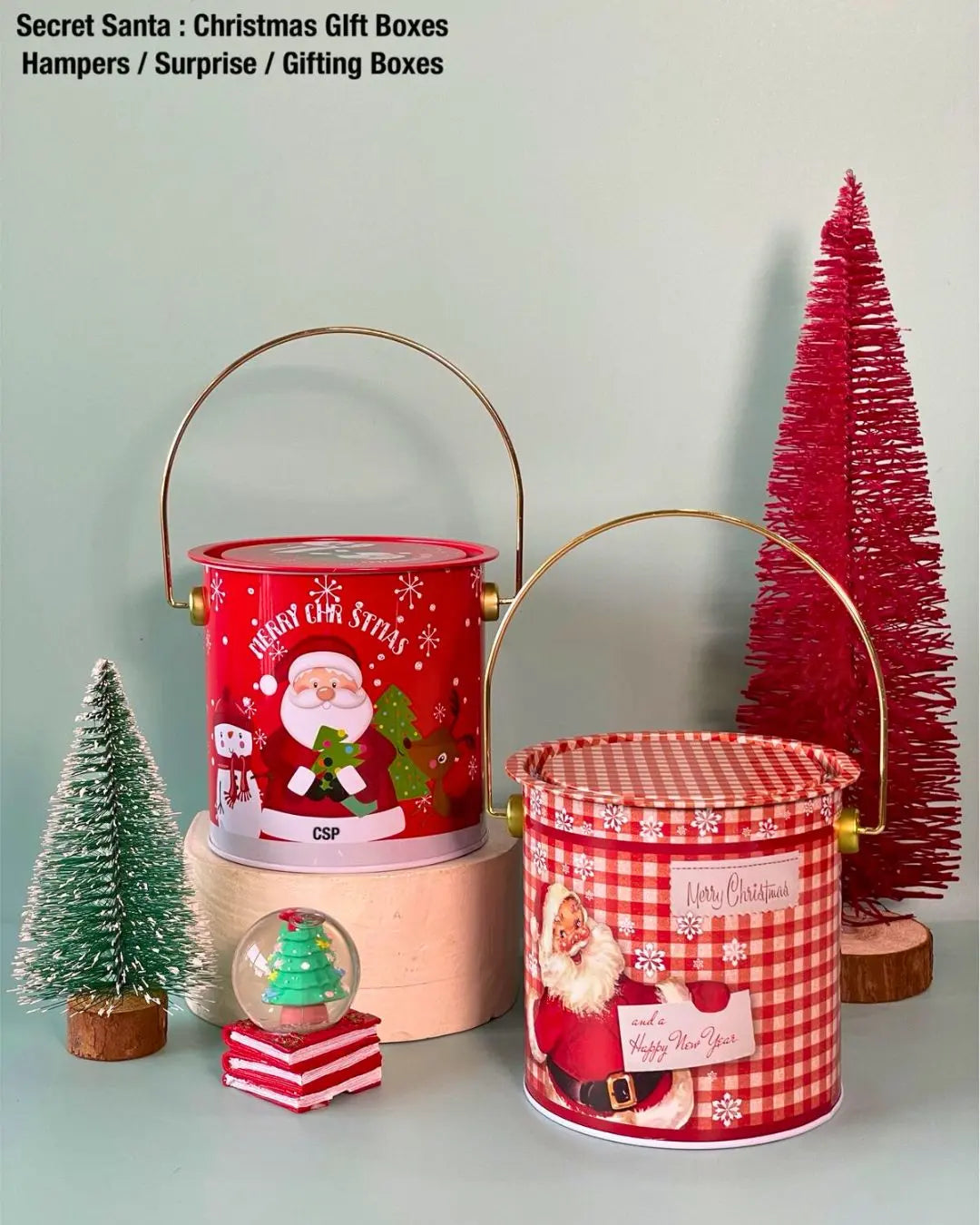 Christmas metal bucket gift boxes, red and striped with handles and lid