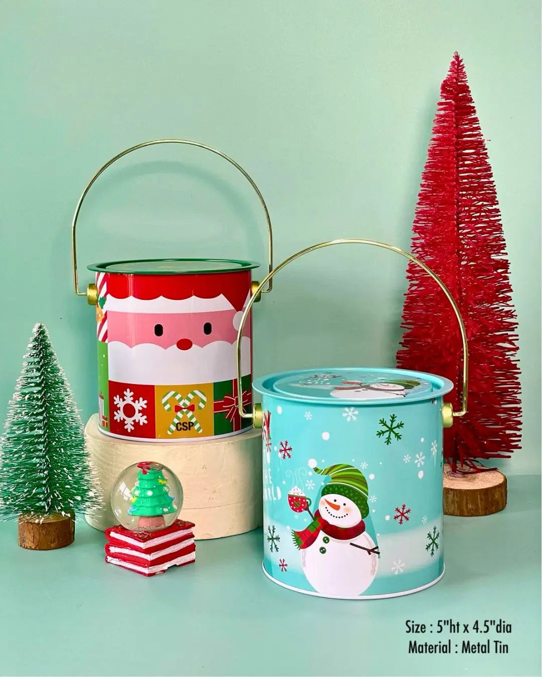 Christmas metal hamper buckets, red and blue designs with round handles