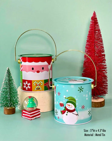 Christmas metal hamper buckets, red and blue designs with round handles
