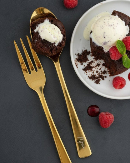 Gold engraved fork and spoon, with handle script detail