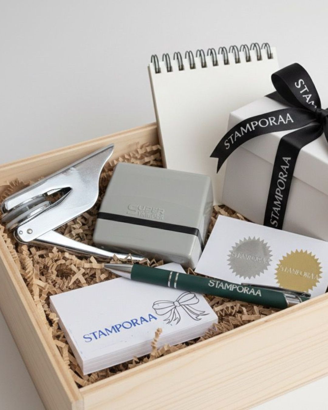 Prestige Romance hamper set in wooden tray with black ribbon bow, stamp and cards