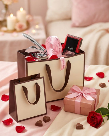 Stampadora hamper with pink ribbon gift, red stamp, and small brown-bow bags
