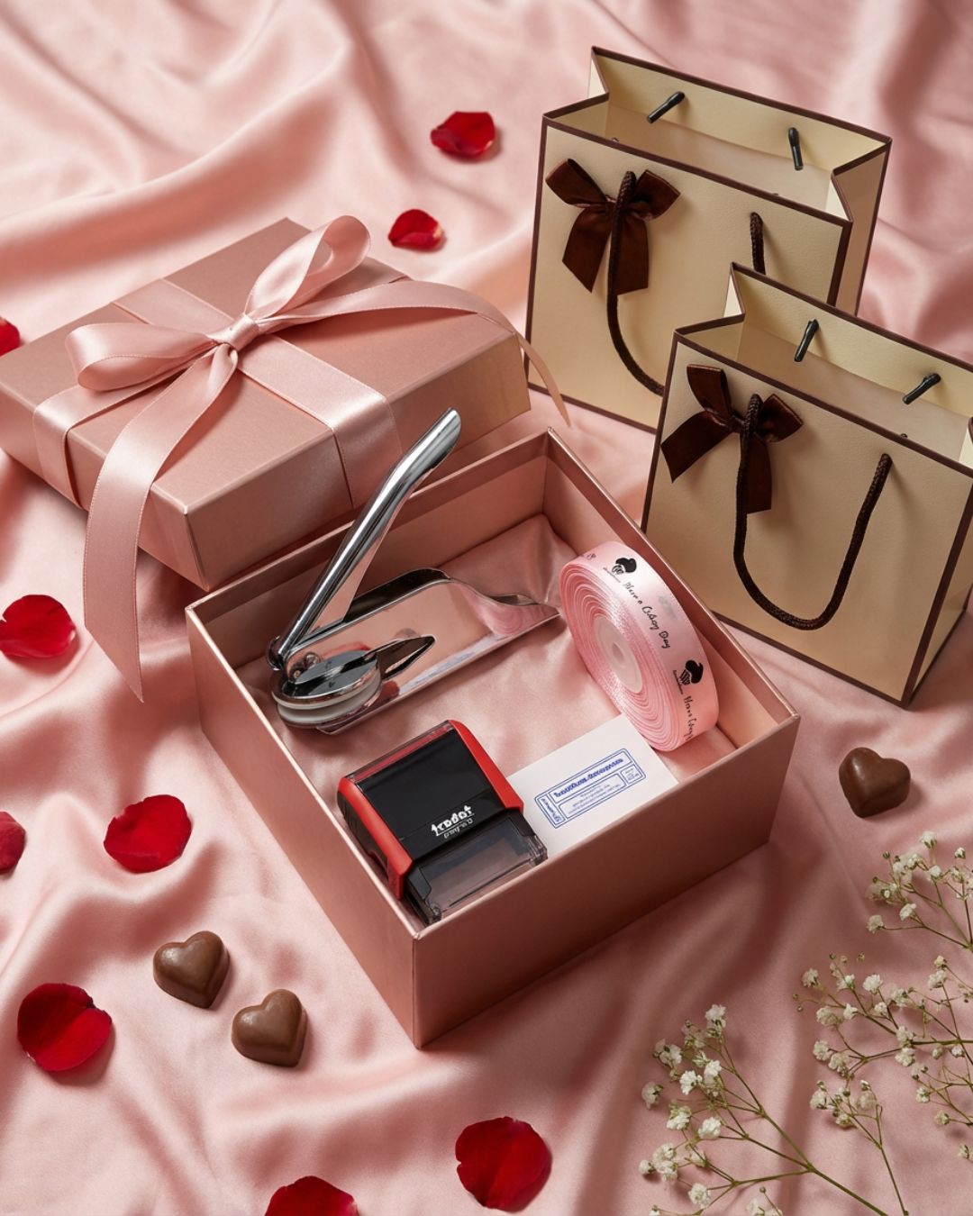Personalized branding hamper with pink ribbon gift, open box, and branded items