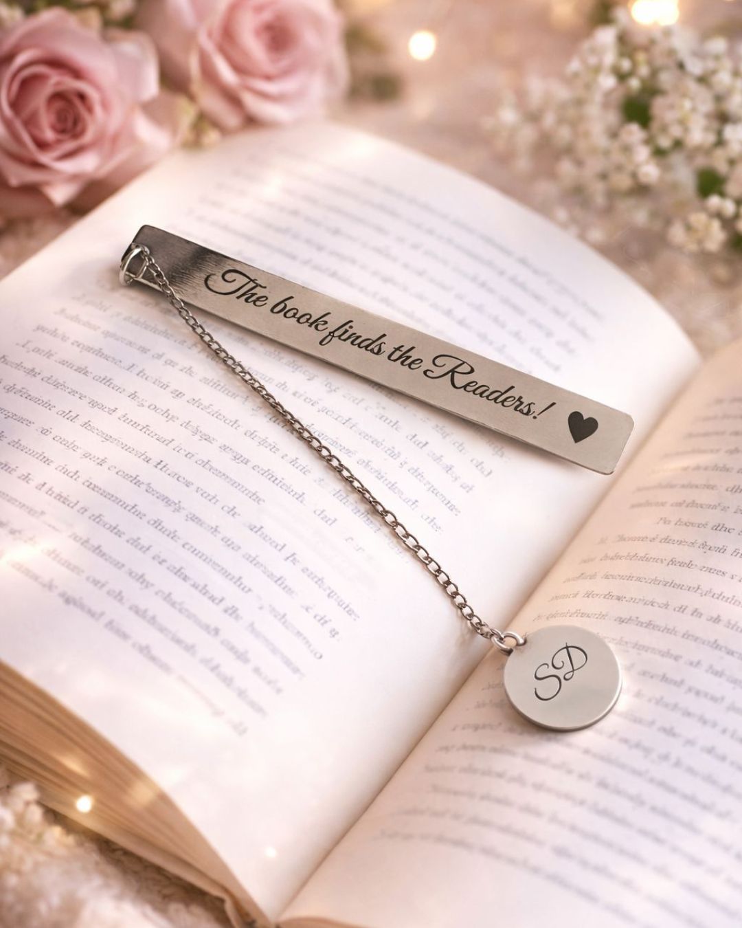 Silver metal bookmark with heart design and round “SD” monogram tag on open book
