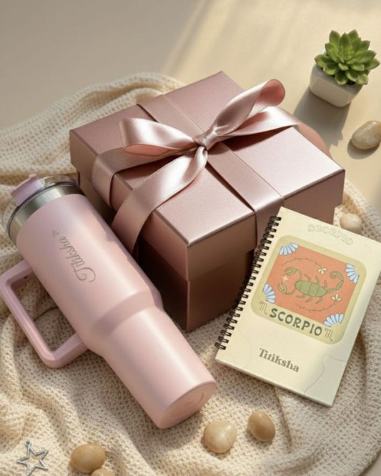 Pink insulated tumbler with handle, paired with Scorpio journal and gift box